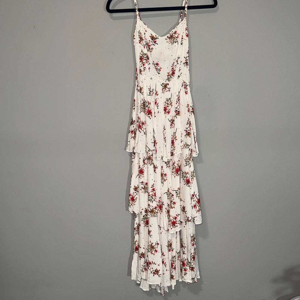 Floral Tiered Maxi Dress White Red V-Neck Adjustable Straps Boho Summer Flowy